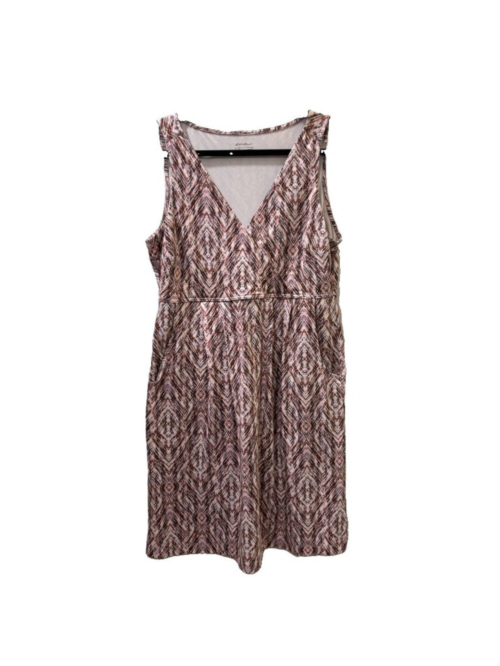 Eddie Bauer outdoor knit stretch Dress Women L Sleeveless V-Neck Geometric
